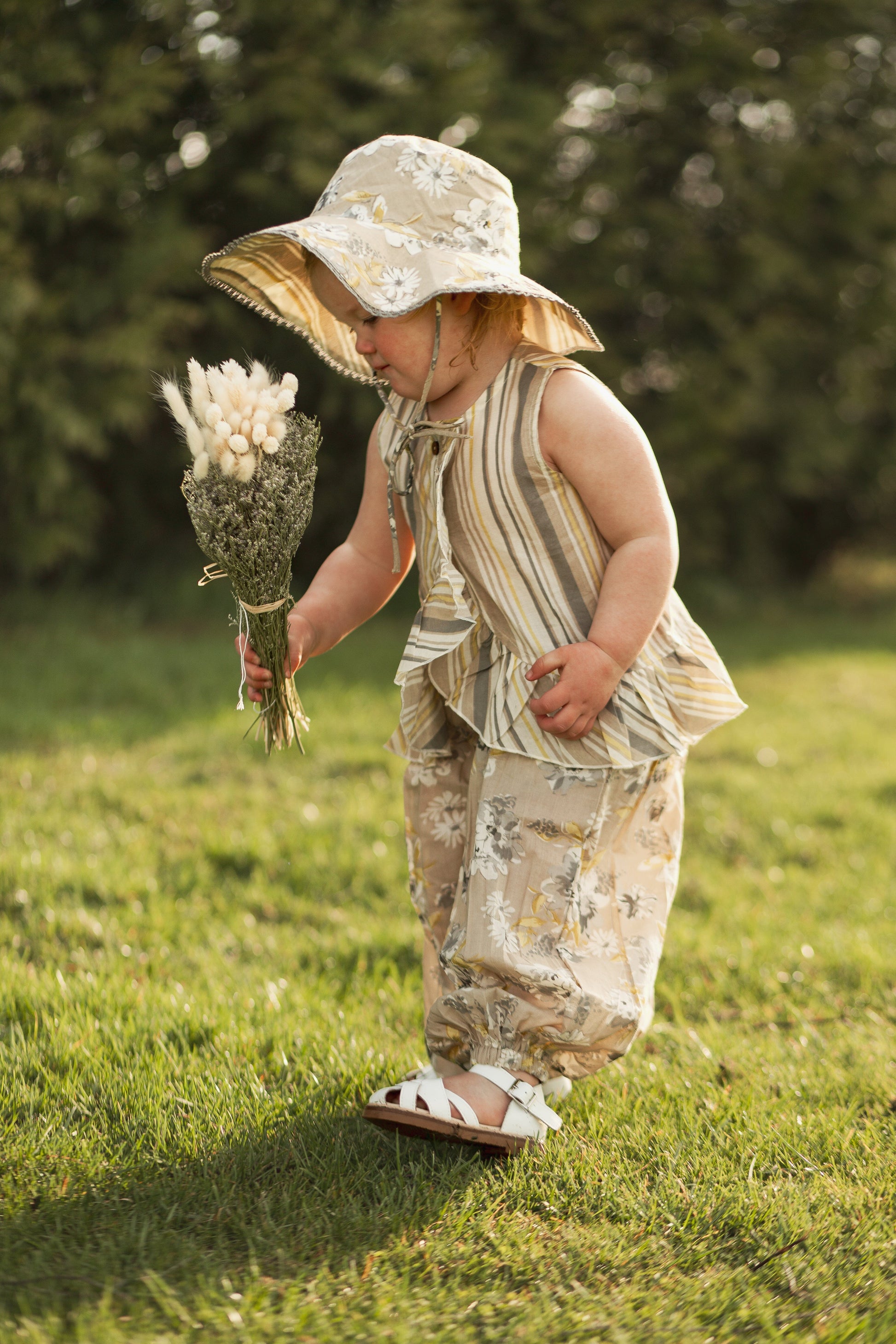 Kids Brown Floral Top & Striped Pants with Printed Ruffle Design TOP & PANTS SET Yo Baby Online