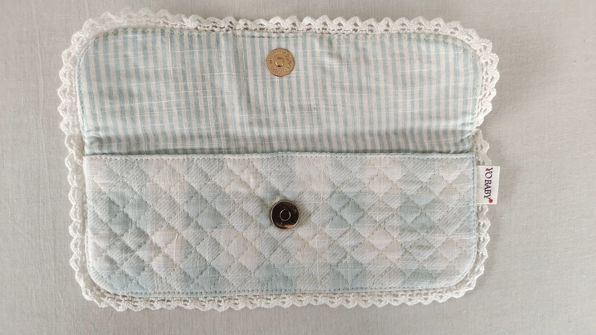Kids' Cotton Blue Checks & Stripe Printed Pencil Pouch with Magnetic Closure and Lace Details. PURSE Yo Baby India