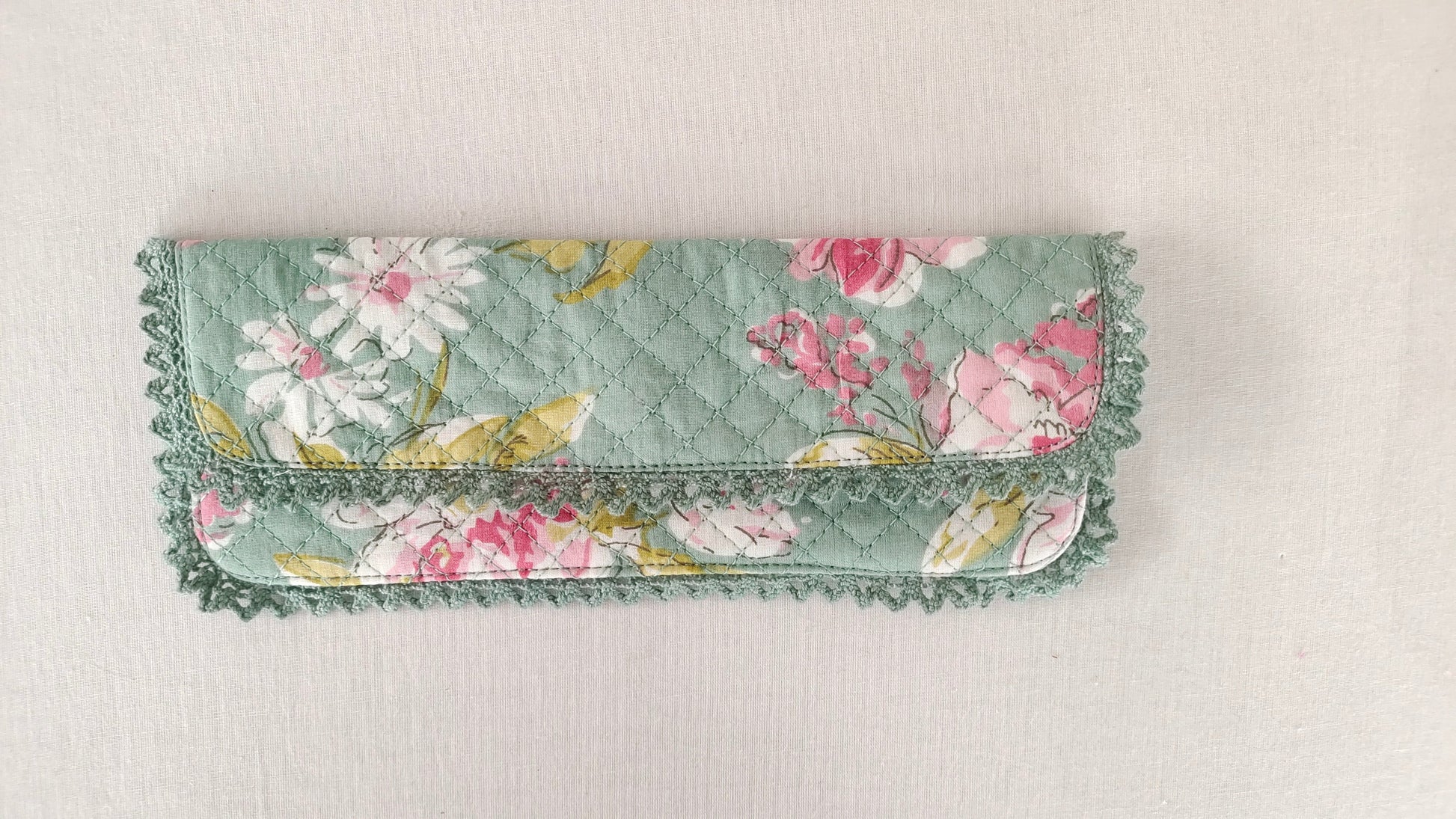 Kids' Cotton Green Floral & Stripe Printed Pencil Pouch with Magnetic Closure and Lace Details PURSE Yo Baby India