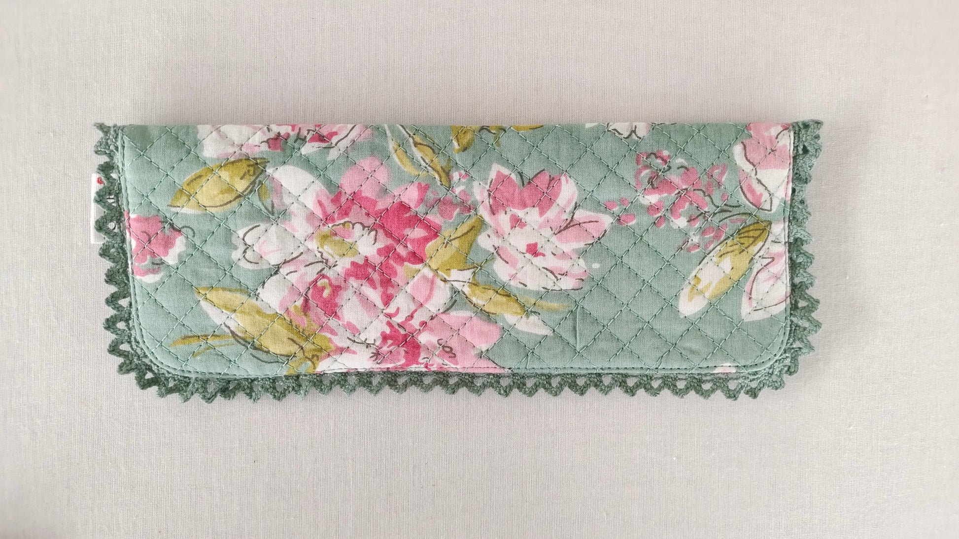 Kids' Cotton Green Floral & Stripe Printed Pencil Pouch with Magnetic Closure and Lace Details PURSE Yo Baby India