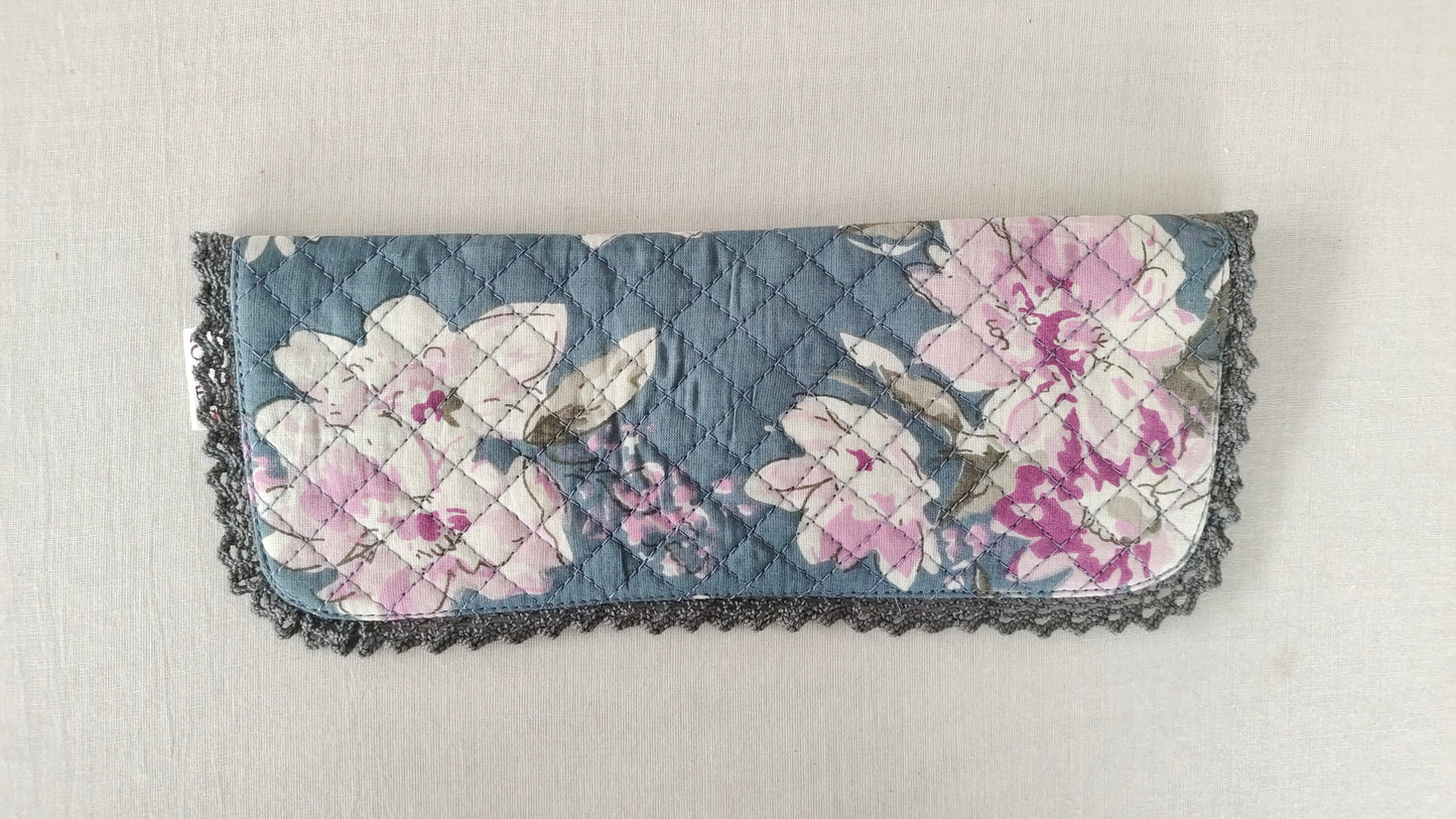Kids' Cotton Grey Floral & Stripe Printed Pencil Pouch with Magnetic Closure and Lace Details PURSE Yo Baby India