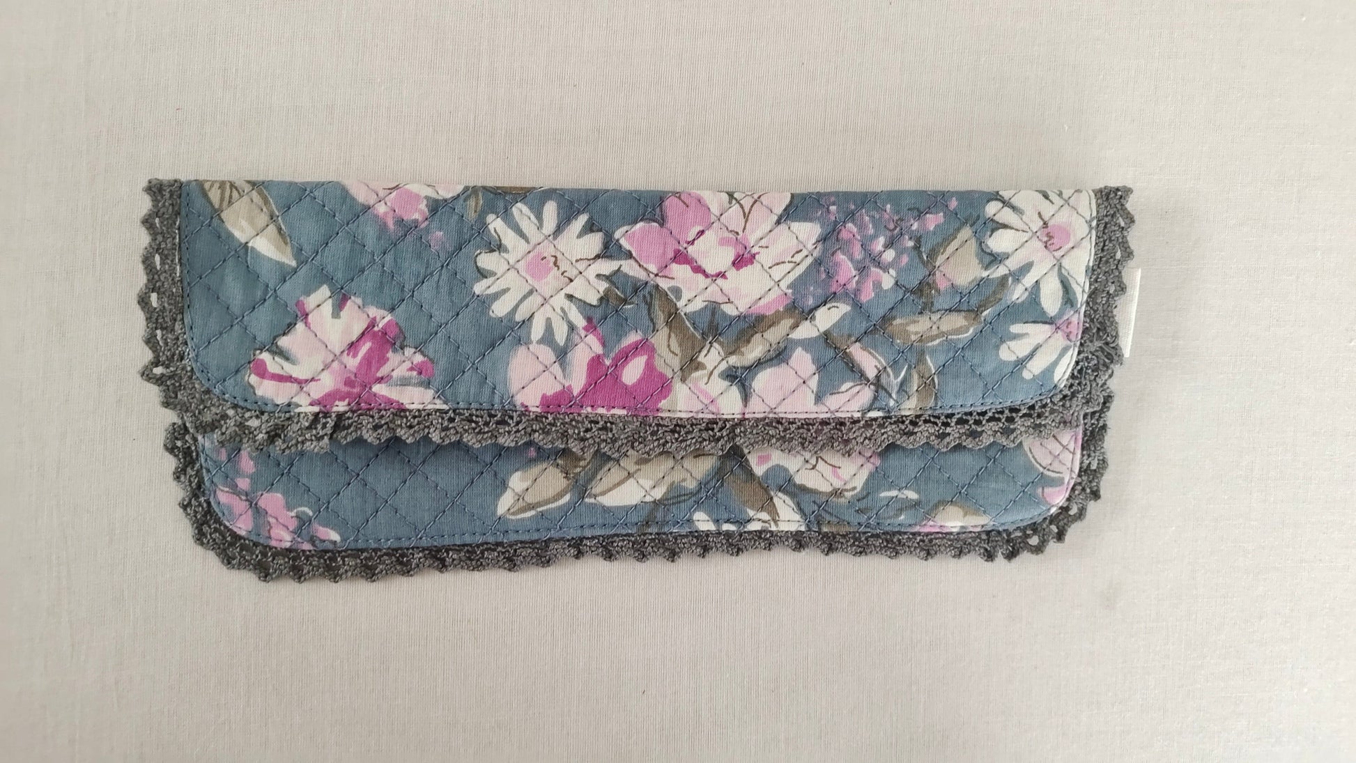 Kids' Cotton Grey Floral & Stripe Printed Pencil Pouch with Magnetic Closure and Lace Details PURSE Yo Baby India