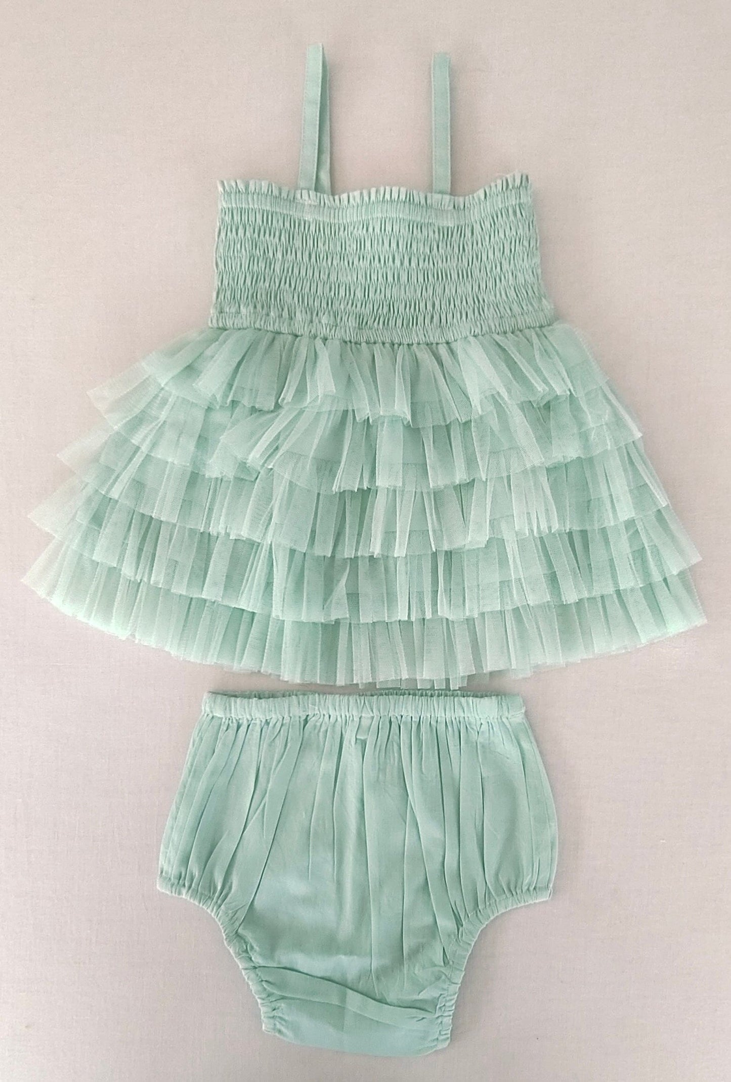 Mint Blue Tiered Tulle Dress with Nylon Net Frills and Adjustable Straps dress & diaper cover Yo Baby India