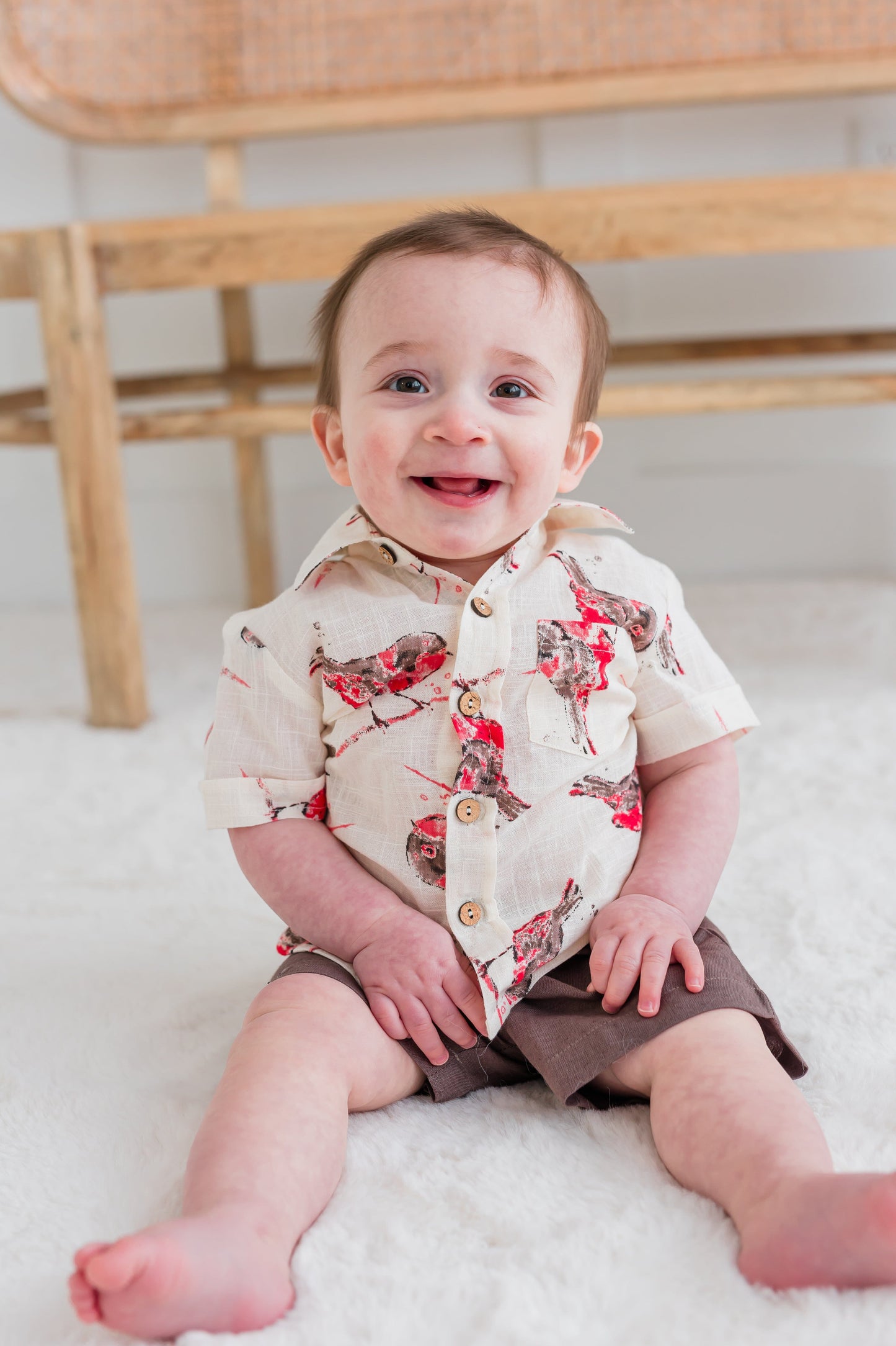 Multi Color Bird Print Boys Shirt & Brown Shorts set Shirt-Shorts Yo Baby India