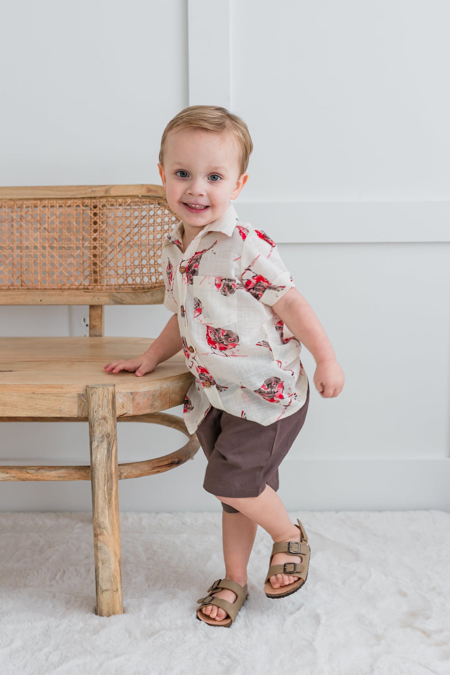 Multi Color Bird Print Boys Shirt & Brown Shorts set Shirt-Shorts Yo Baby India