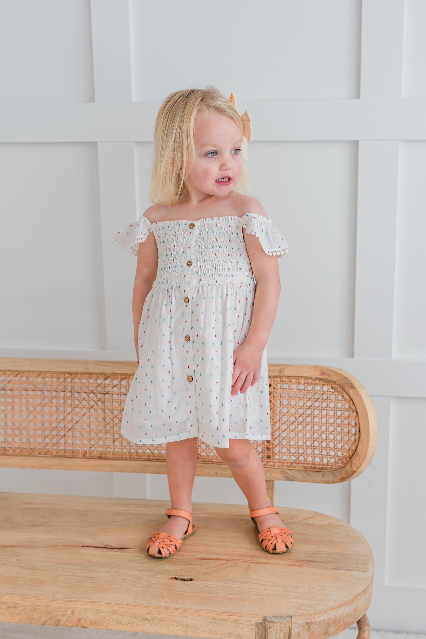 Multi Color Cotton Dobby Sleeve Ruffle Gathered Dress Dress Yo Baby India