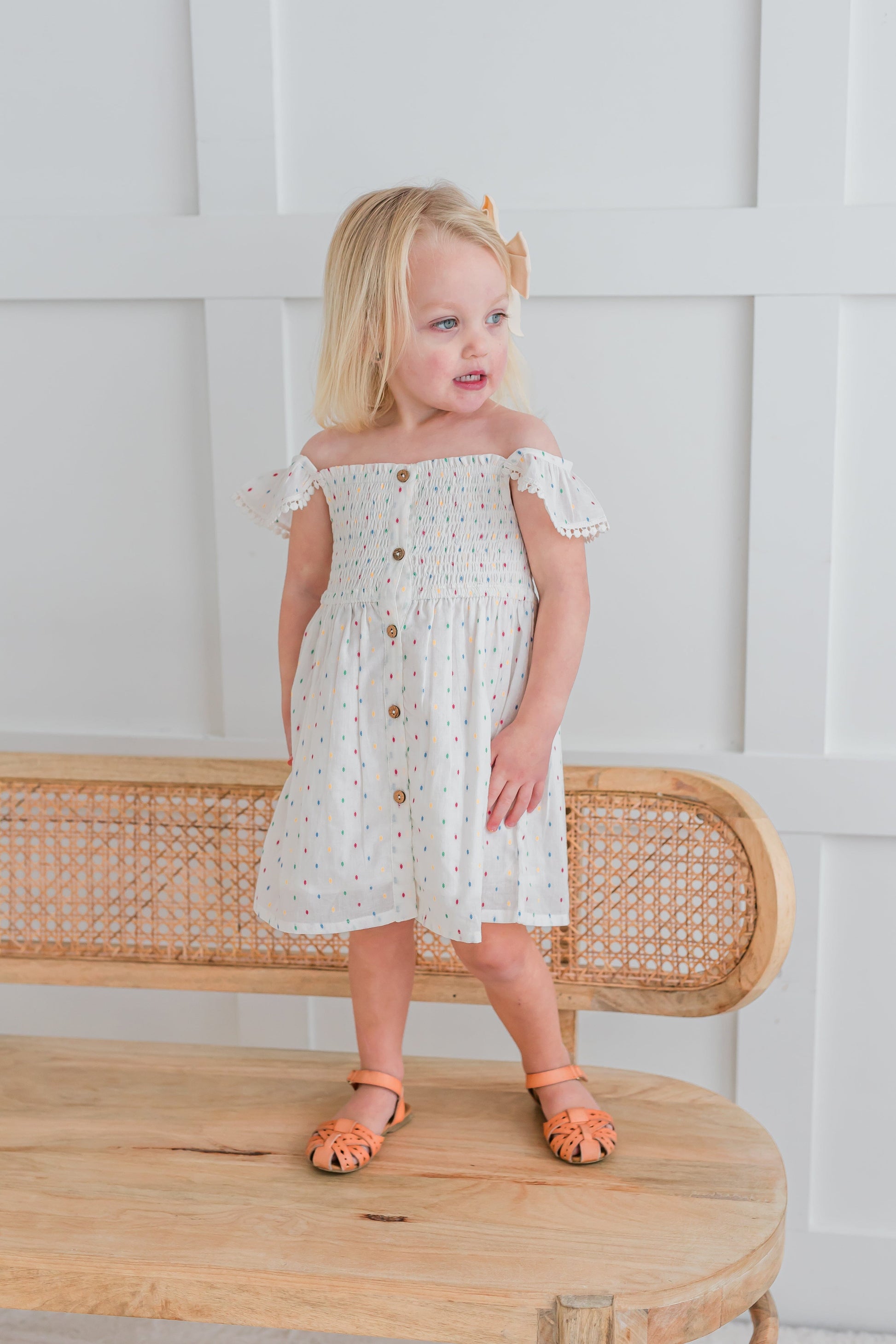 Multi Color Cotton Dobby Sleeve Ruffle Gathered Dress Dress Yo Baby India