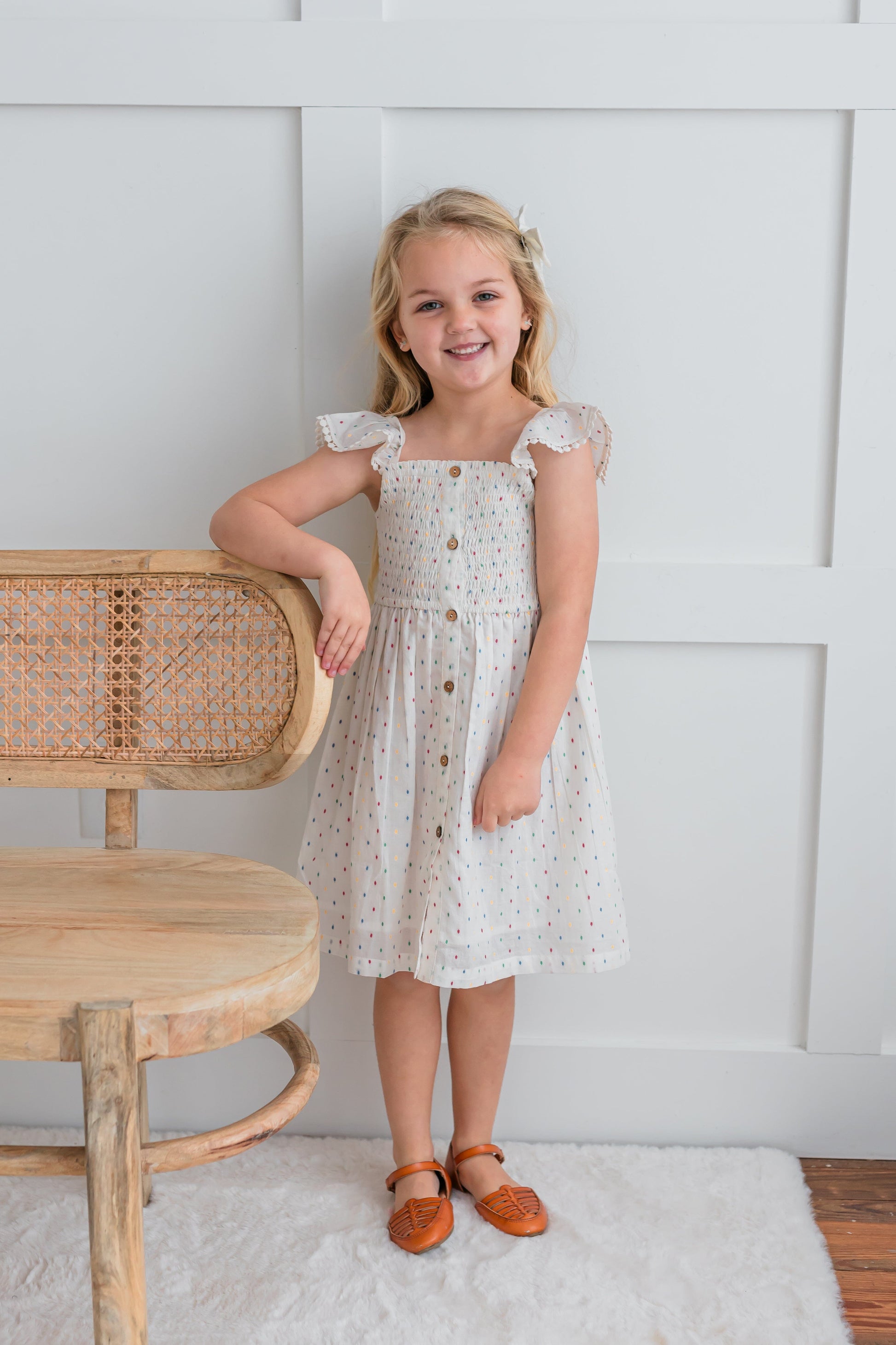 Multi Color Cotton Dobby Sleeve Ruffle Gathered Dress Dress Yo Baby India