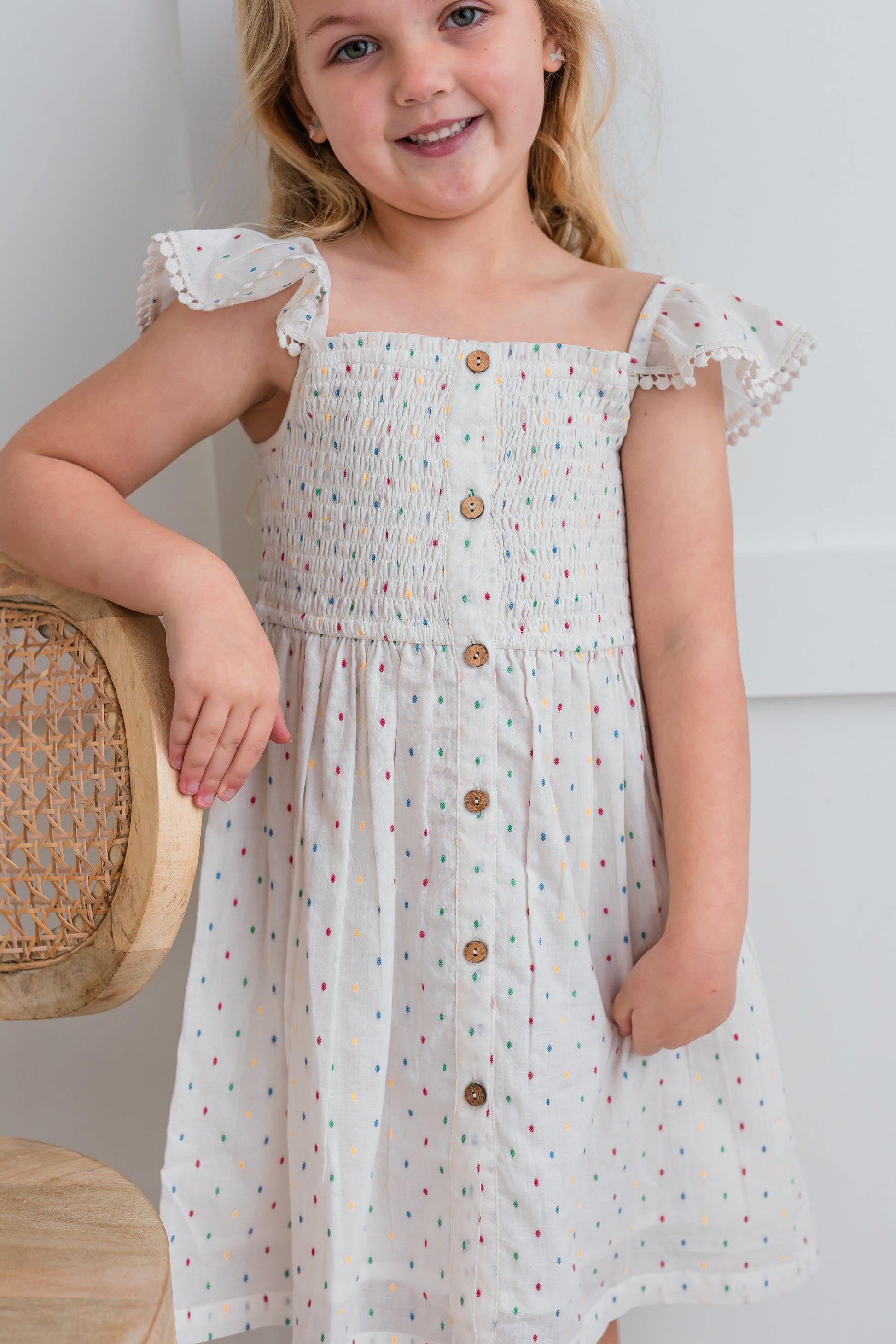 Multi Color Cotton Dobby Sleeve Ruffle Gathered Dress Dress Yo Baby India