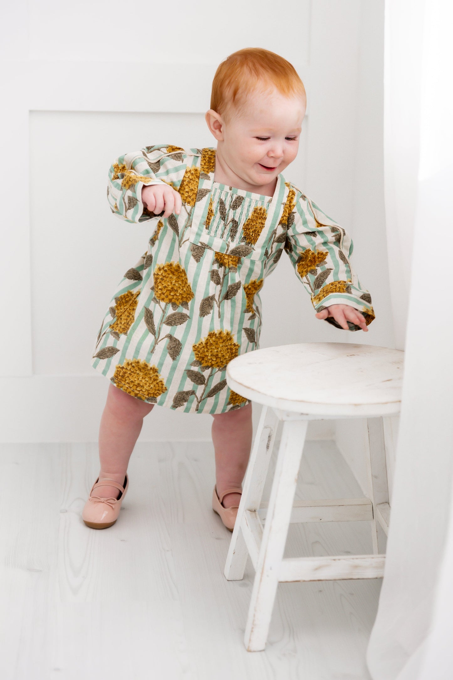 Mustard Floral Printed Long Sleeves Gathered Dress DRESS Yo Baby India