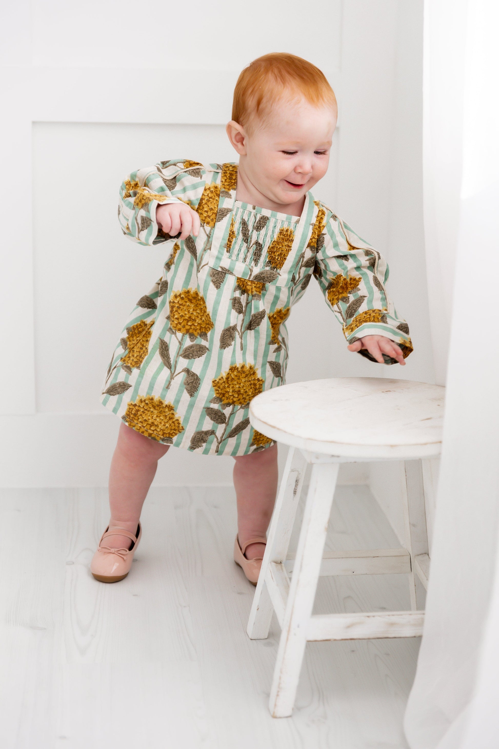 Mustard Floral Printed Long Sleeves Gathered Dress DRESS Yo Baby India