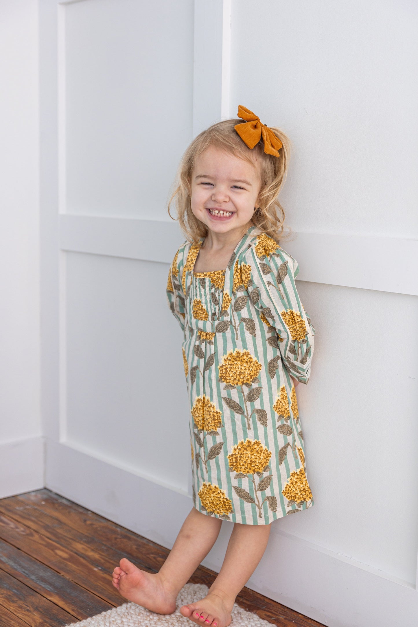 Mustard Floral Printed Long Sleeves Gathered Dress DRESS Yo Baby India