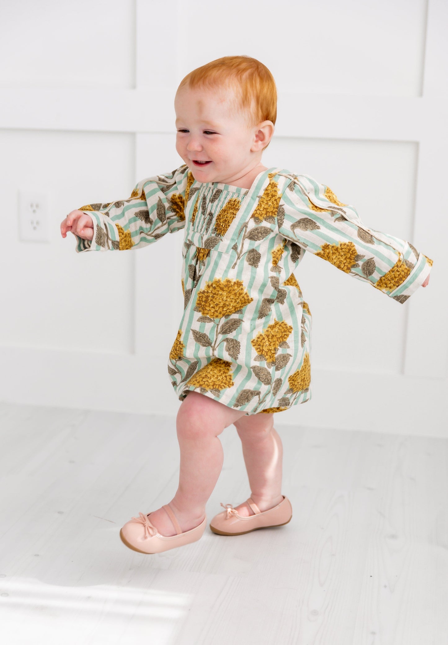 Mustard Floral Printed Long Sleeves Gathered Dress DRESS Yo Baby India