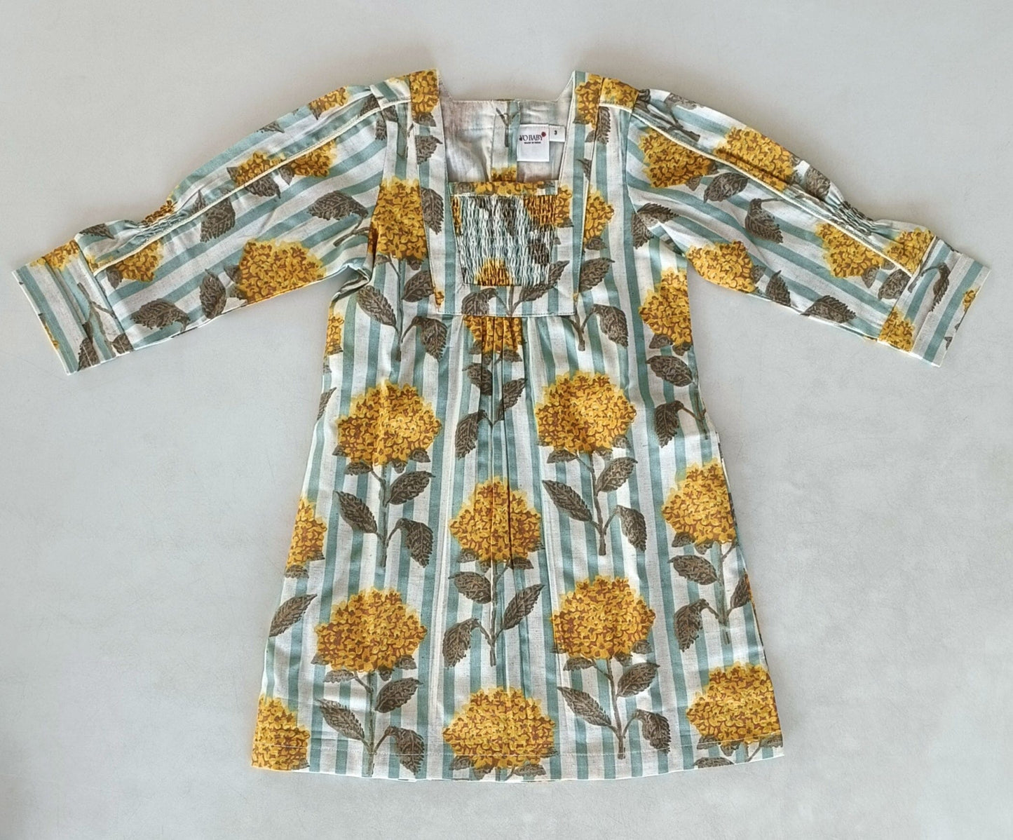 Mustard Floral Printed Long Sleeves Gathered Dress DRESS Yo Baby India