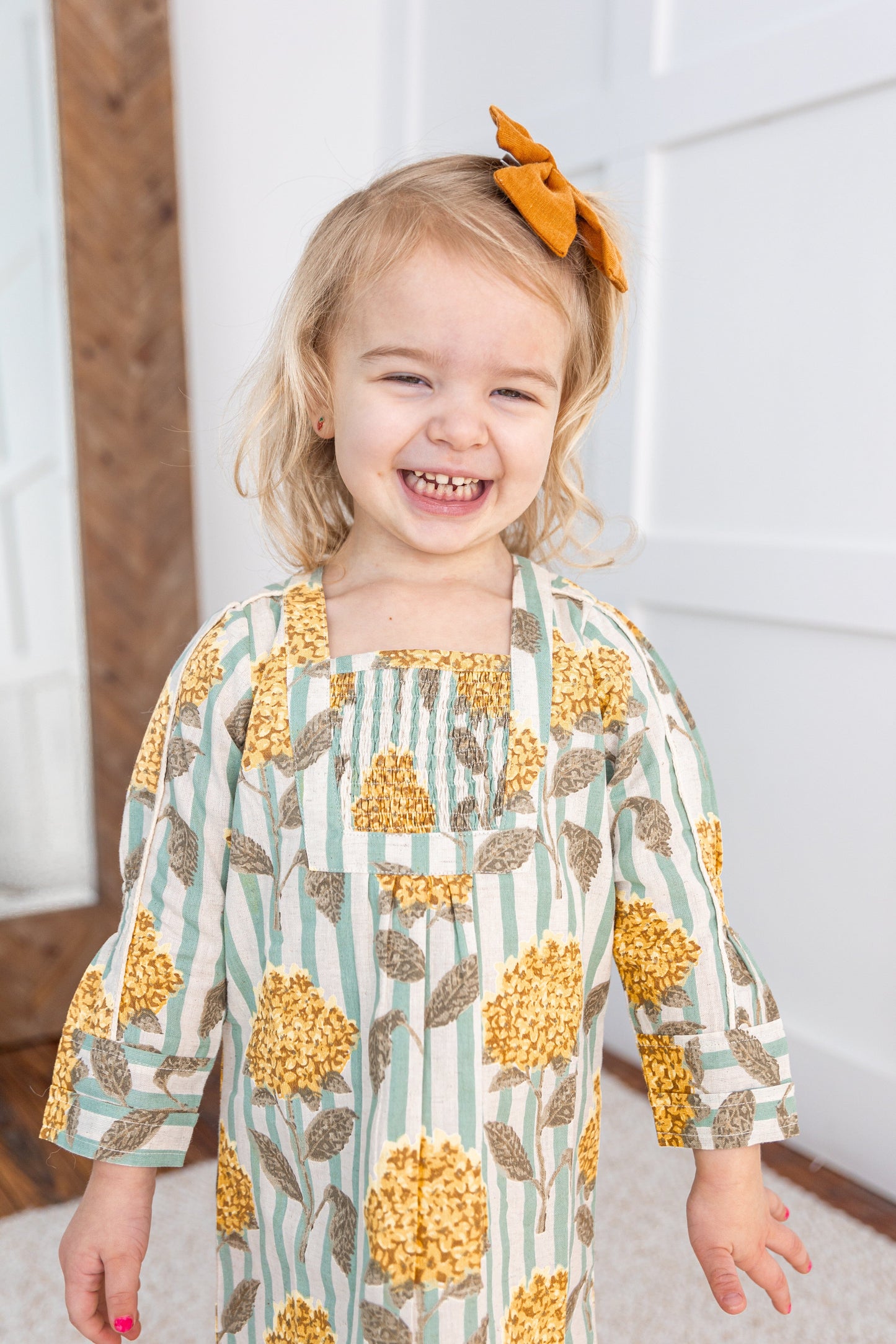Mustard Floral Printed Long Sleeves Gathered Dress DRESS Yo Baby India