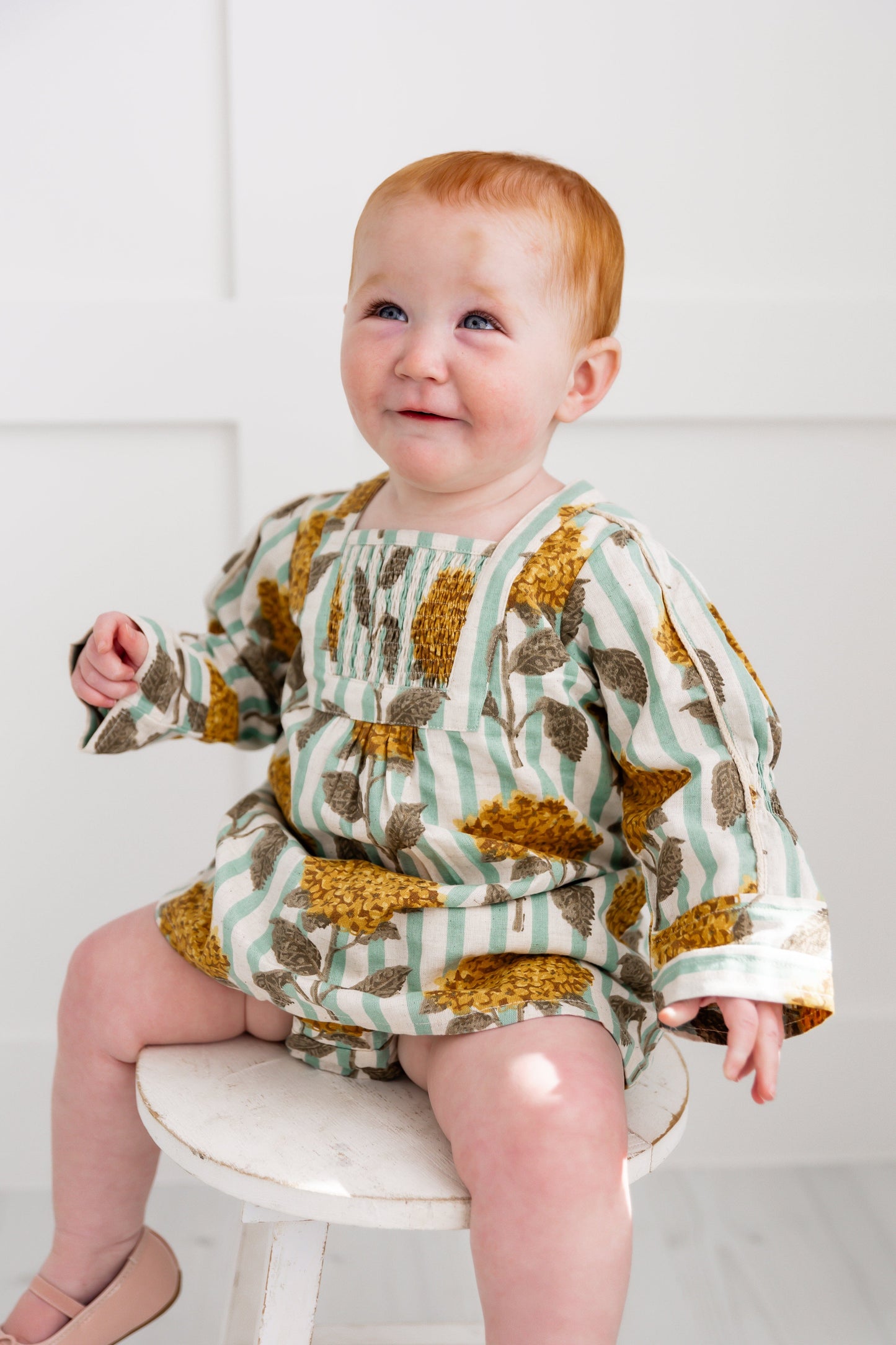 Mustard Floral Printed Long Sleeves Gathered Dress DRESS Yo Baby India