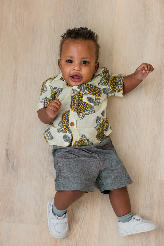 Mustard & Grey Floral Print Boys Shirt & Black Chambray Shorts set shirt & shorts Yo Baby India