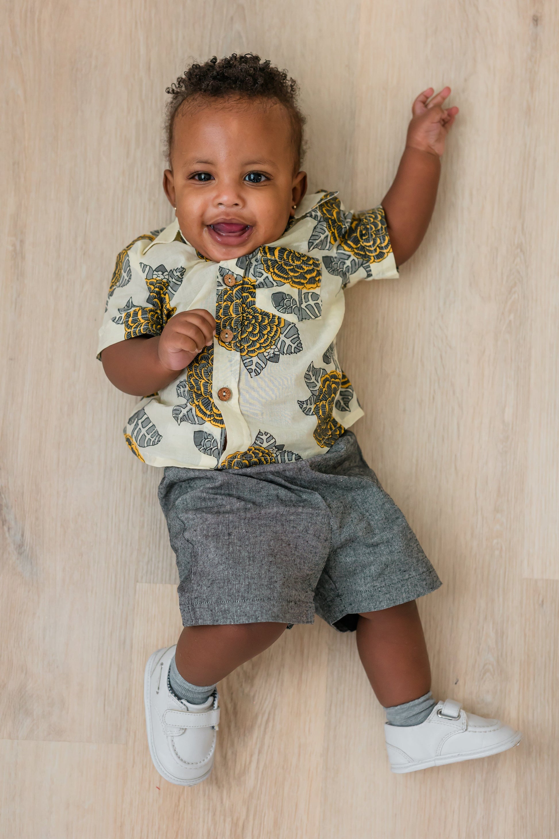Mustard & Grey Floral Print Boys Shirt & Black Chambray Shorts set shirt & shorts Yo Baby India