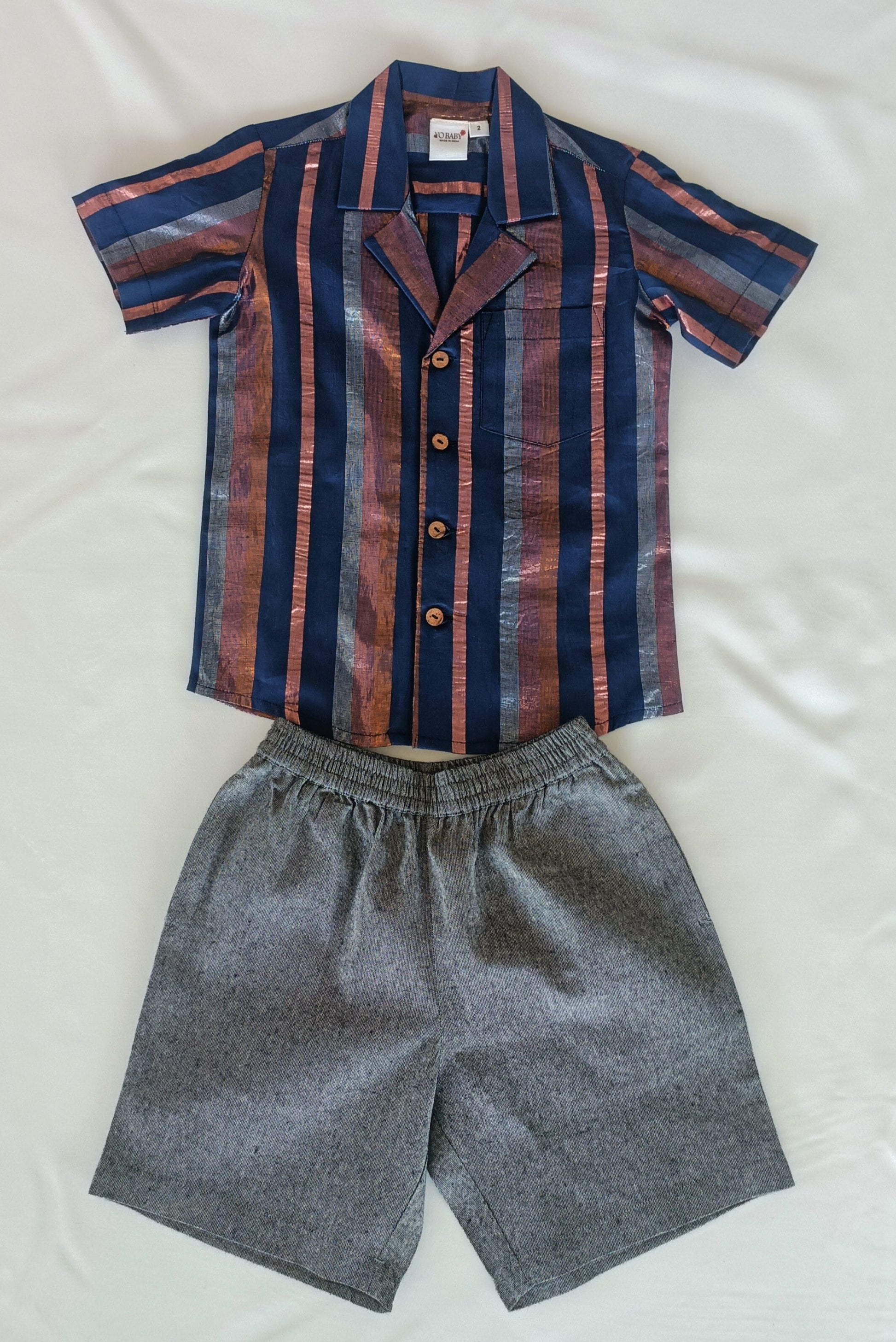 Navy Multi Color Lurex Boys Shirt & Black Chambray Shorts set shirt & shorts Yo Baby India