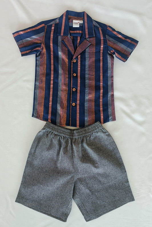 Navy Multi Color Lurex Boys Shirt & Black Chambray Shorts set shirt & shorts Yo Baby India