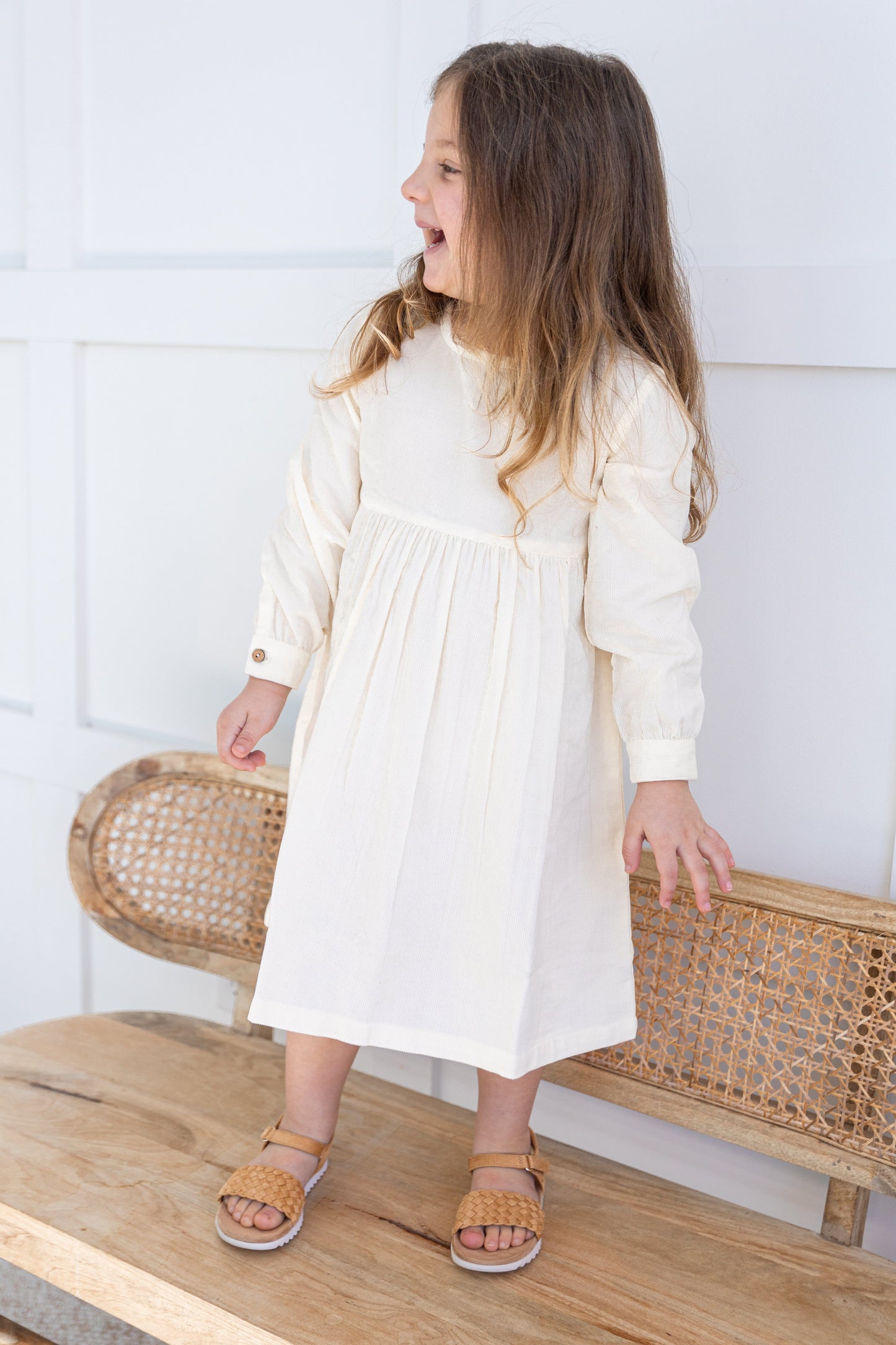 Off-White Corduroy Solid Color Long Sleeves Gathered Dress dress & diaper cover DRESS Yo Baby India