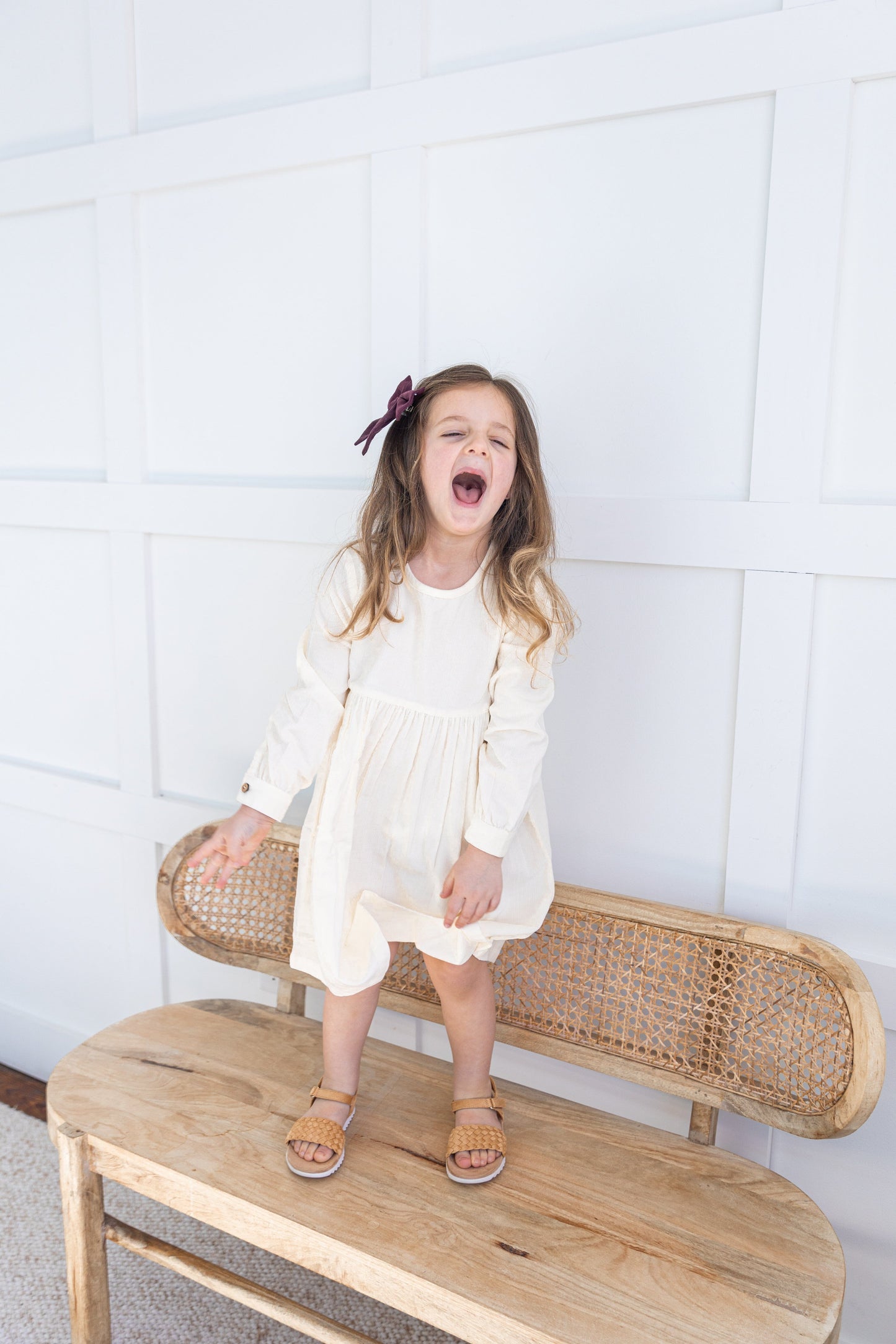 Off-White Corduroy Solid Color Long Sleeves Gathered Dress dress & diaper cover DRESS Yo Baby India