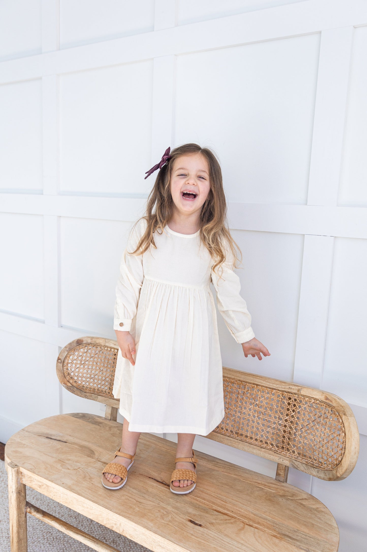 Off-White Corduroy Solid Color Long Sleeves Gathered Dress dress & diaper cover DRESS Yo Baby India