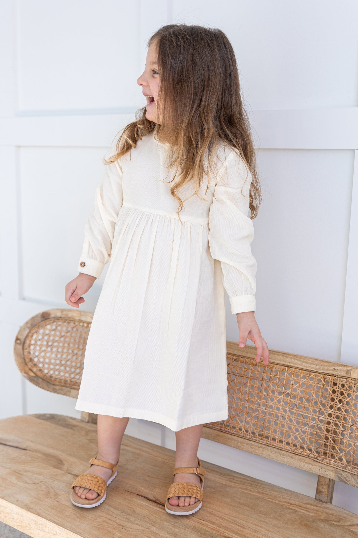 Off-White Corduroy Solid Color Long Sleeves Gathered Dress dress & diaper cover DRESS Yo Baby India