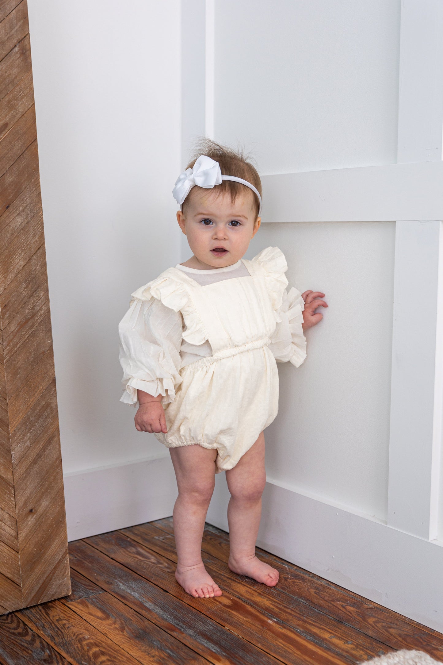 Off-White Corduroy Solid Color Ruffled Baby Romper Yo Baby India
