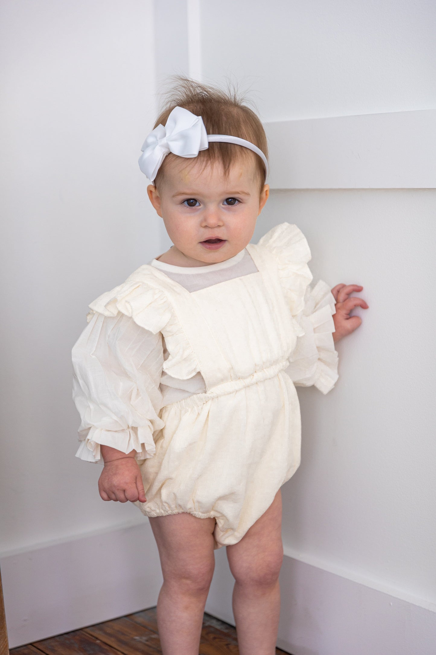 Off-White Corduroy Solid Color Ruffled Baby Romper Yo Baby India