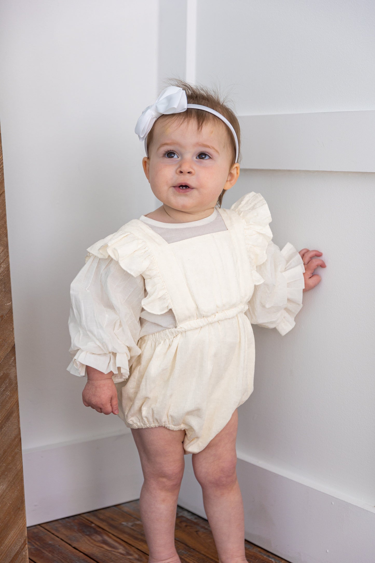 Off-White Corduroy Solid Color Ruffled Baby Romper Yo Baby India