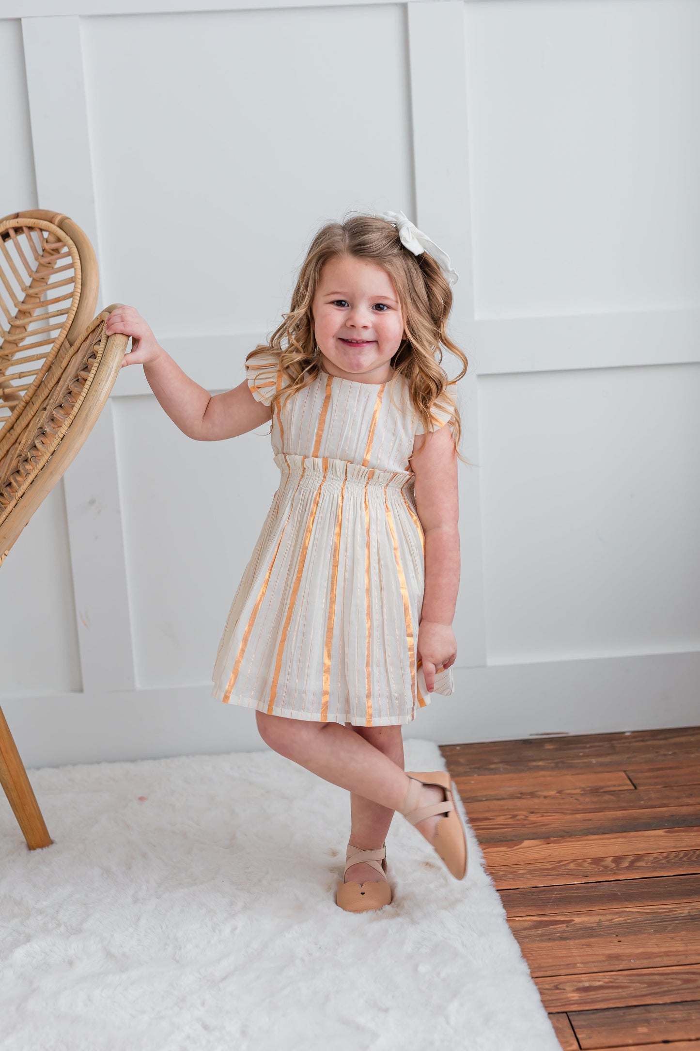 Off-White Gold Color Lurex Sleeve Ruffle Gathered Dress dress & diaper cover, DRESS Yo Baby India