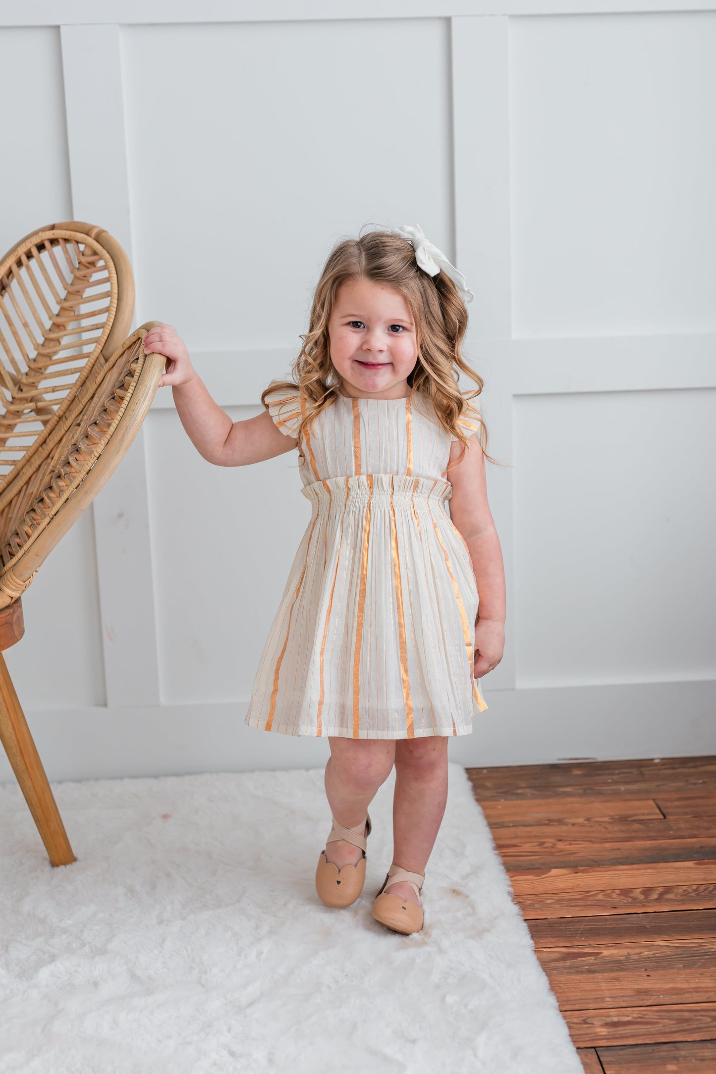 Off-White Gold Color Lurex Sleeve Ruffle Gathered Dress dress & diaper cover, DRESS Yo Baby India