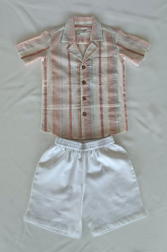 Off-White Multi Color Lurex Boys Shirt & White Shorts set BOYS SHIRT AND SHORTS Yo Baby India