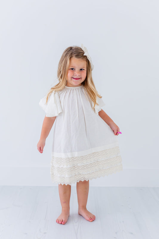 Off-White Solid Color Sleeve & Neck Gathered Dress dress & diaper cover Yo Baby India