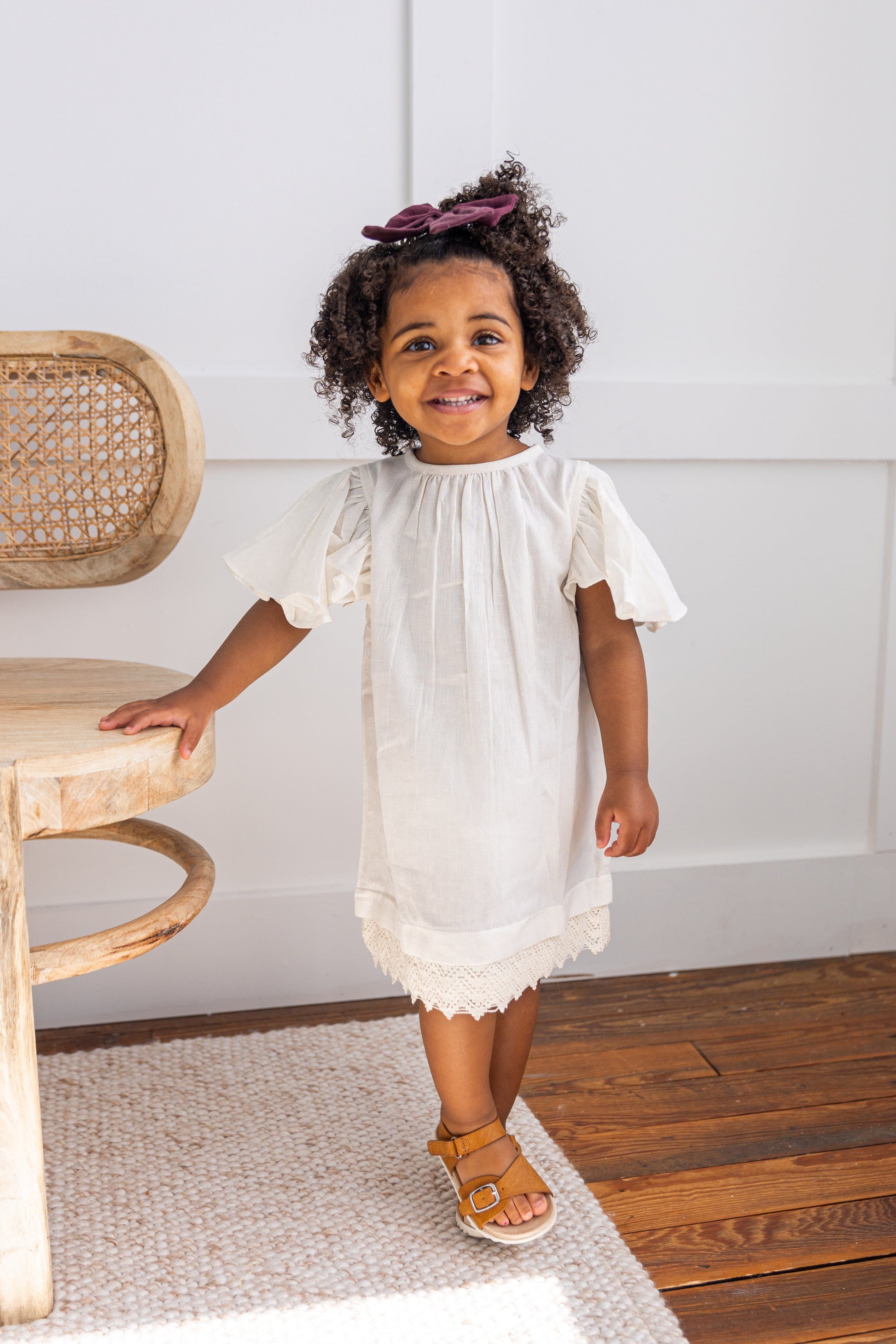 Off-White Solid Color Sleeve & Neck Gathered Dress dress & diaper cover Yo Baby India