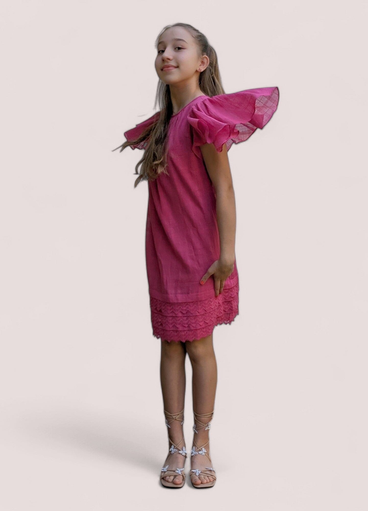 Pink Textured Checks Dress with Cap Sleeves & Lace Details dress & diaper cover Yo Baby India