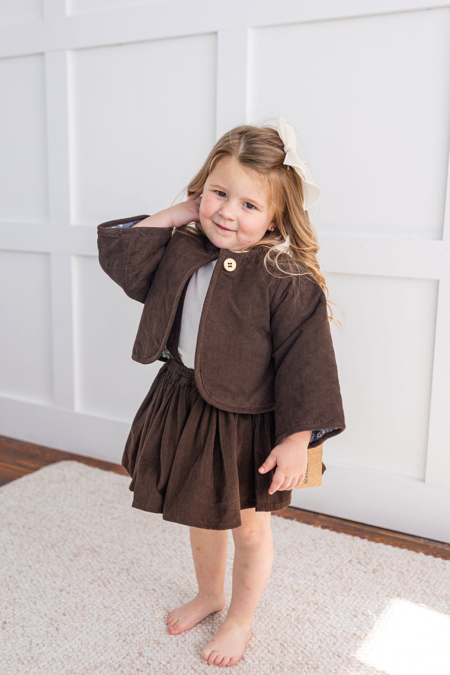 Reversible Brown Corduroy & Grey Floral Print Quilted Long Sleeve Jacket jacket Yo Baby Online