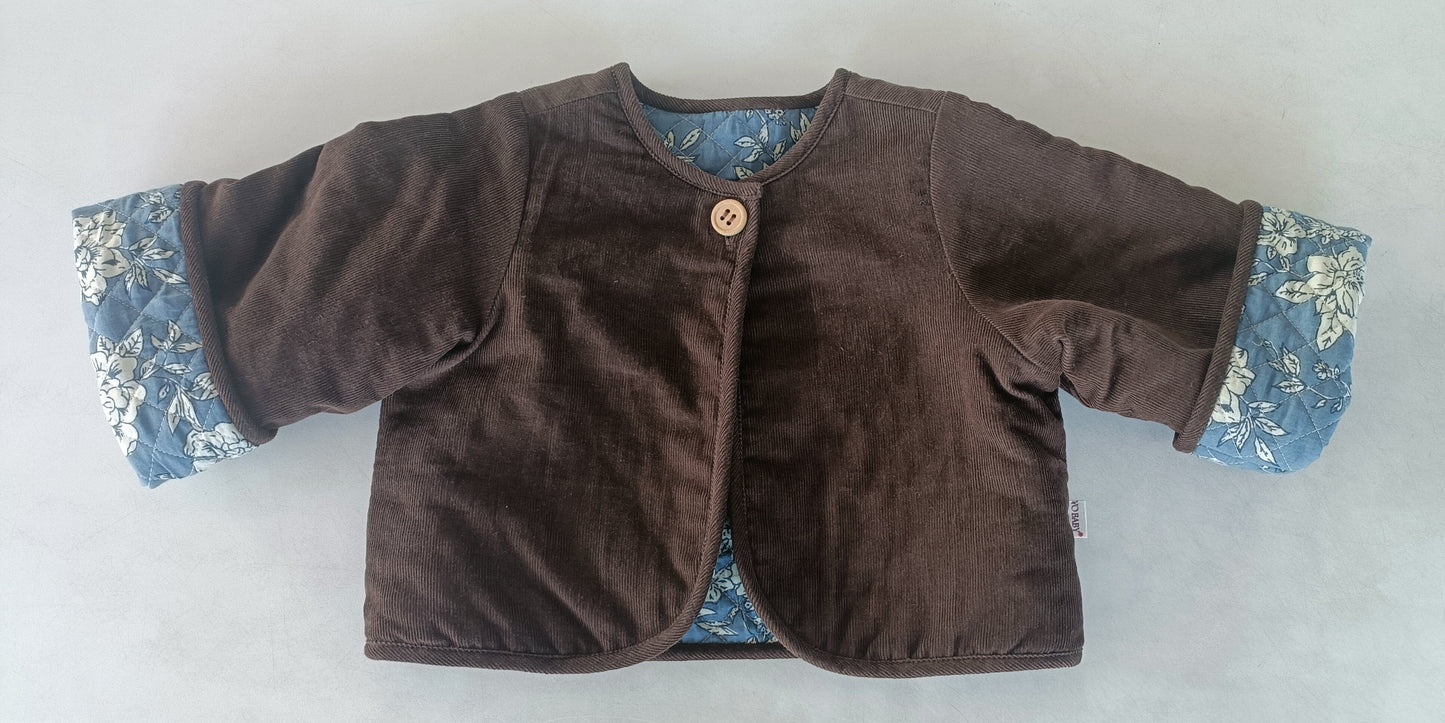 Reversible Brown Corduroy & Grey Floral Print Quilted Long Sleeve Jacket jacket Yo Baby Online
