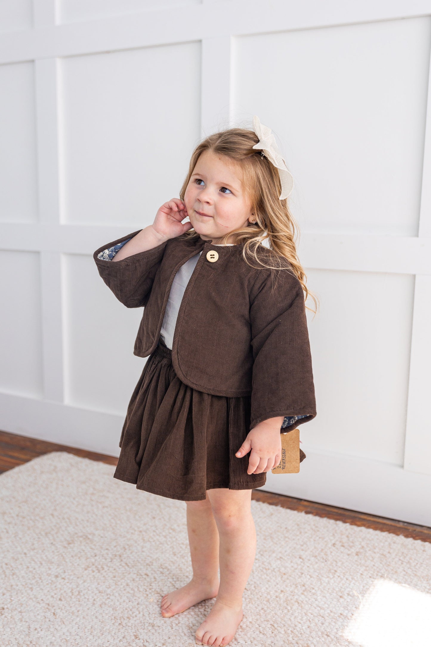 Reversible Brown Corduroy & Grey Floral Print Quilted Long Sleeve Jacket jacket Yo Baby Online