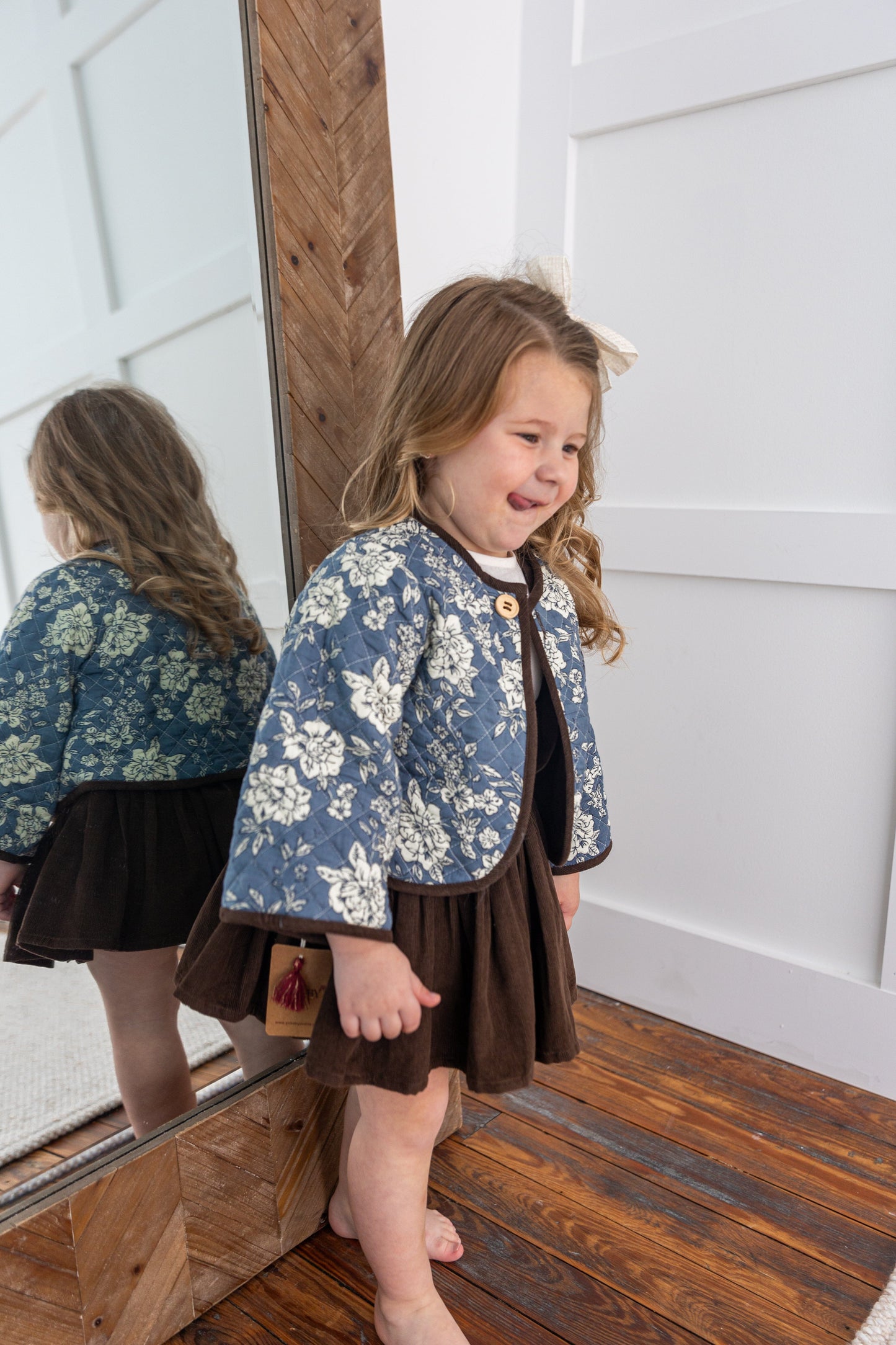Reversible Brown Corduroy & Grey Floral Print Quilted Long Sleeve Jacket jacket Yo Baby Online