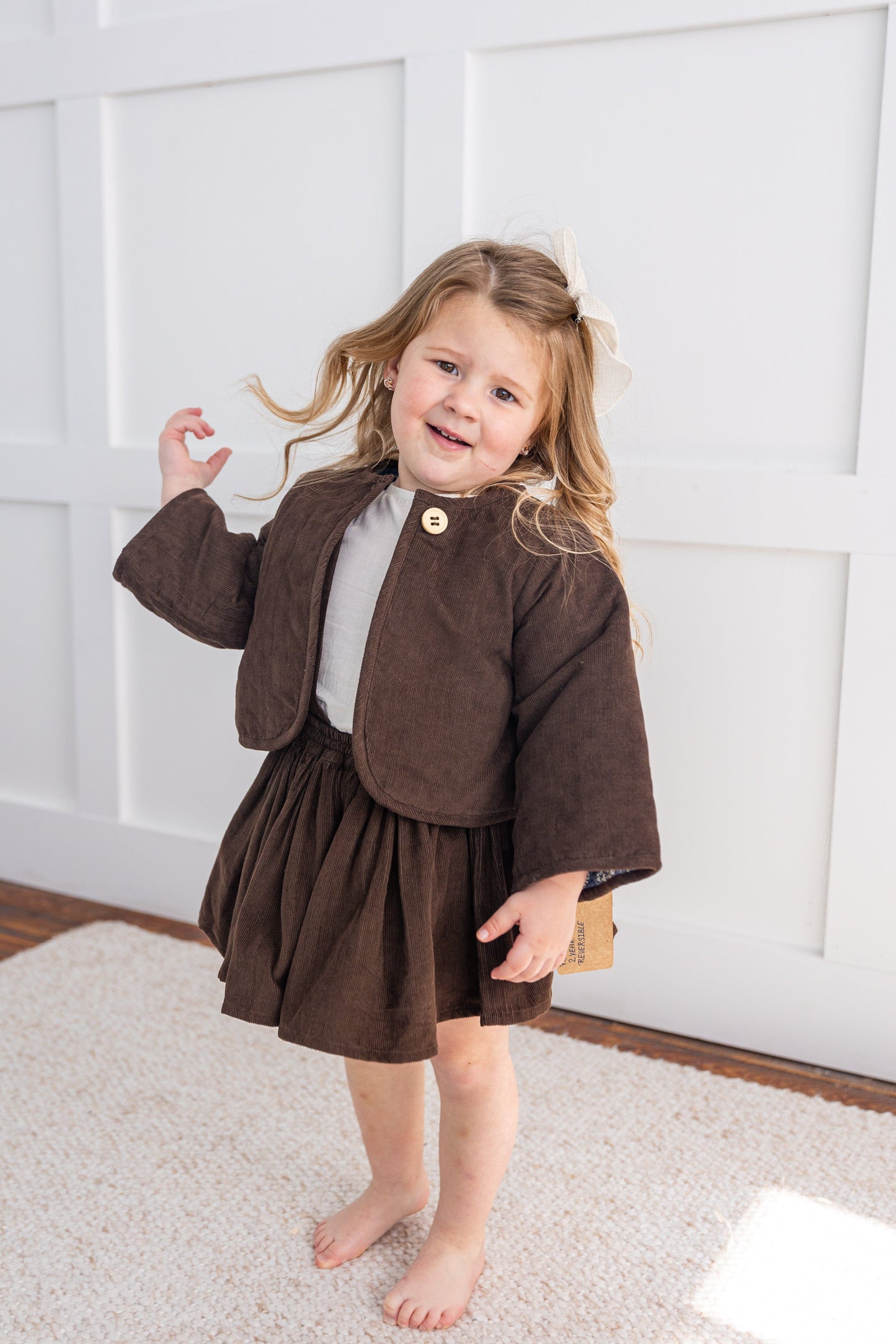 Reversible Brown Corduroy & Grey Floral Print Quilted Long Sleeve Jacket jacket Yo Baby Online