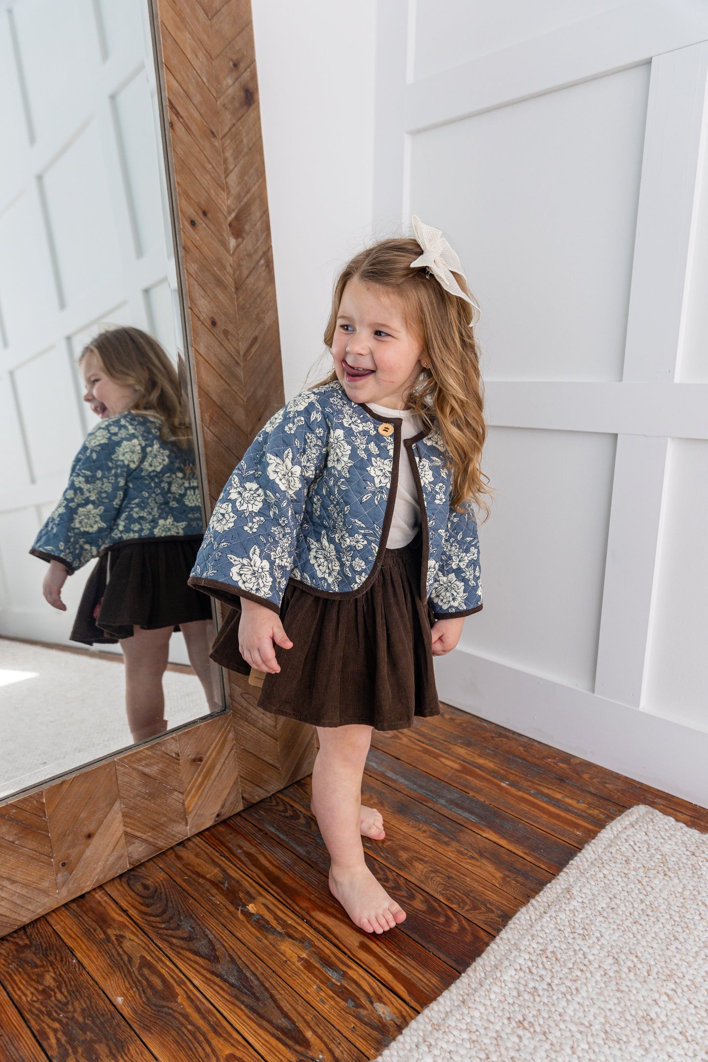 Reversible Brown Corduroy & Grey Floral Print Quilted Long Sleeve Jacket jacket Yo Baby Online