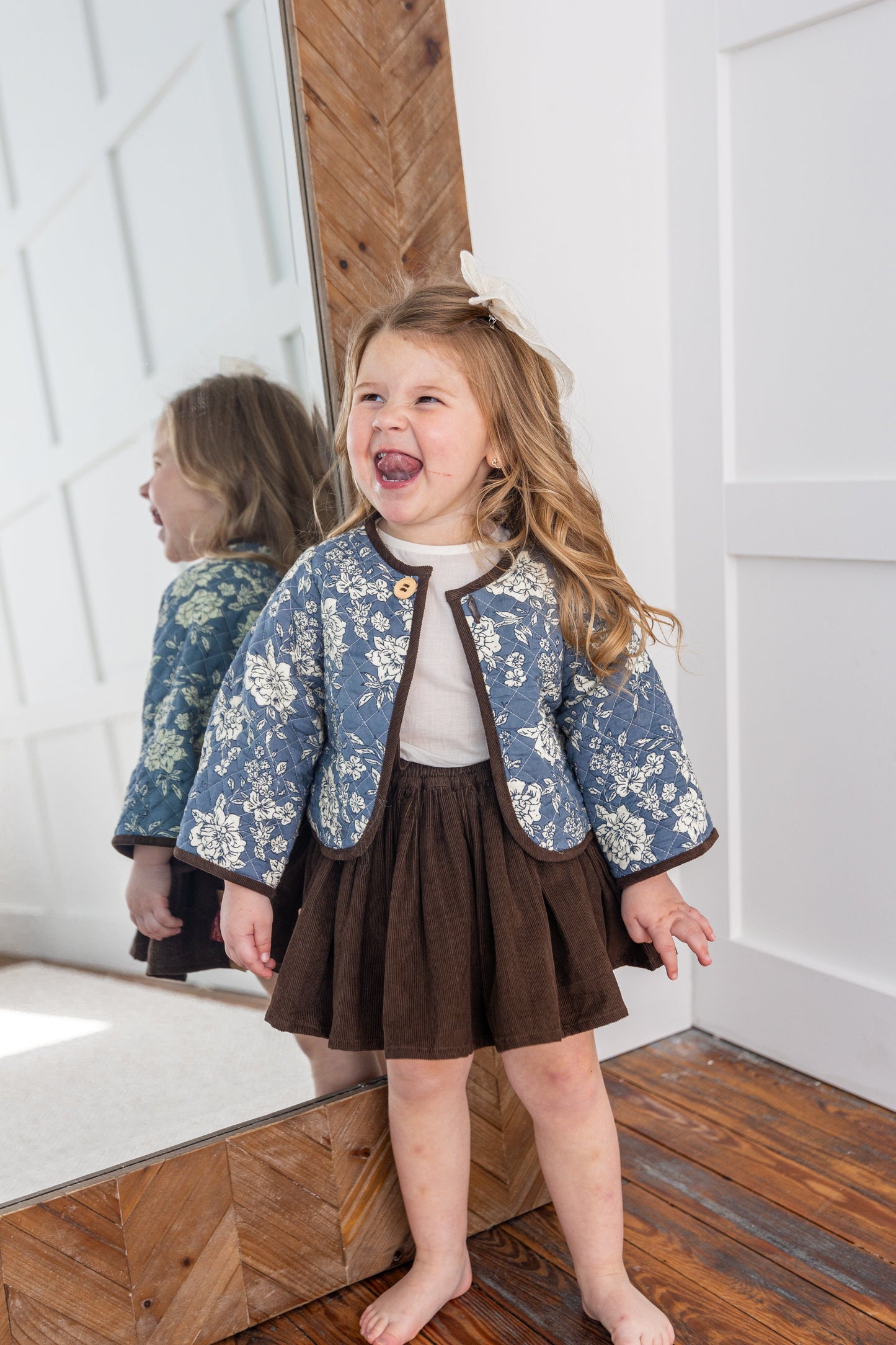Reversible Brown Corduroy & Grey Floral Print Quilted Long Sleeve Jacket jacket Yo Baby Online