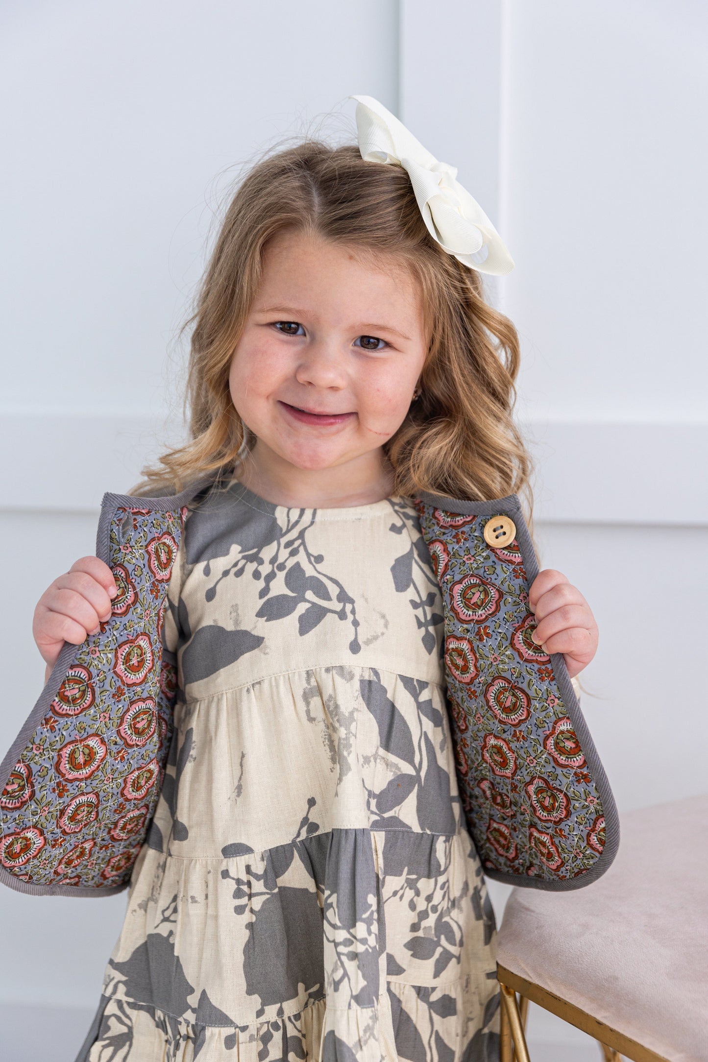 Reversible Grey Corduroy & Grey Floral Print Quilted Sleeveless Jacket jacket Yo Baby Online