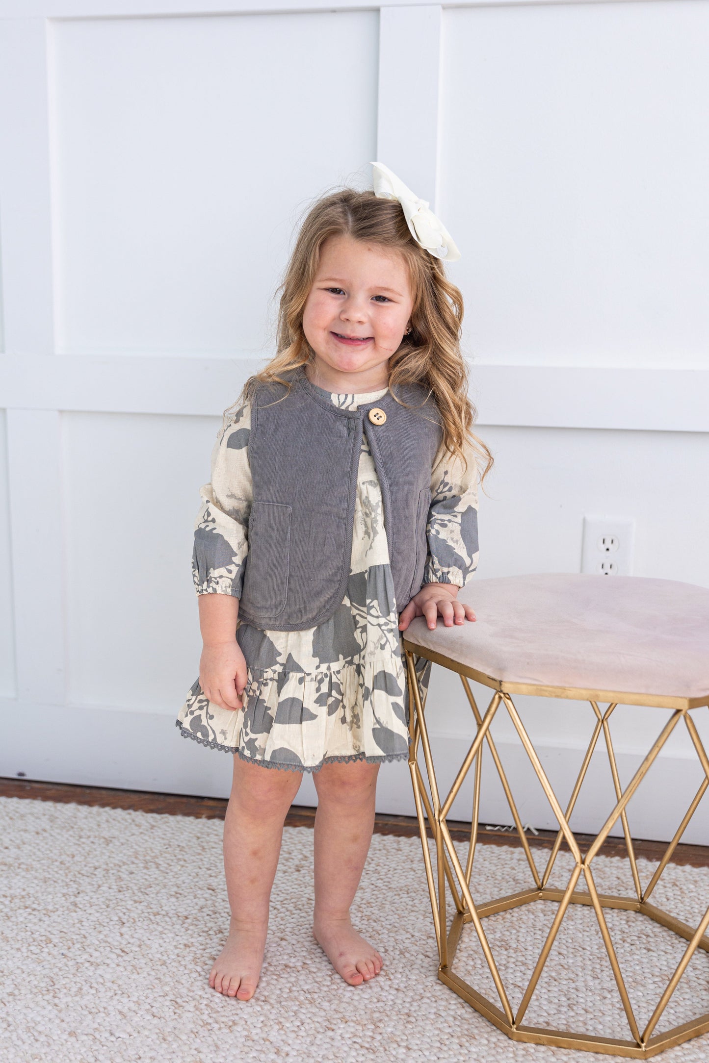 Reversible Grey Corduroy & Grey Floral Print Quilted Sleeveless Jacket jacket Yo Baby Online