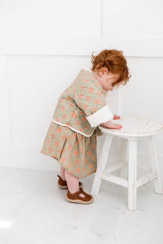 Reversible Off-White Corduroy & Sage-Green Floral Print Quilted Long Sleeve Jacket jacket Yo Baby Online