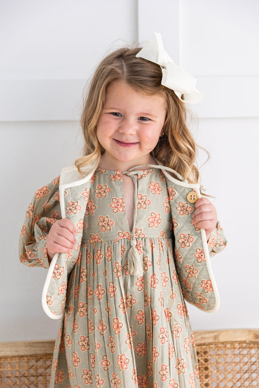 Reversible Off-White Corduroy & Sage-Green Floral Print Quilted Sleeveless Jacket Jacket Yo Baby Online