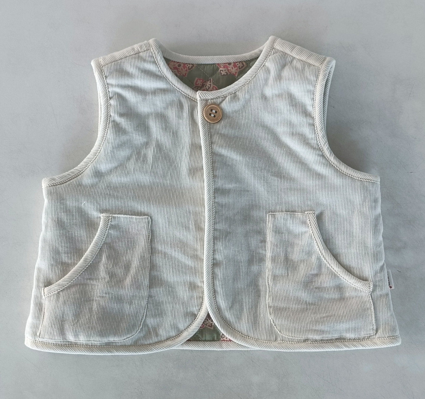 Reversible Off-White Corduroy & Sage-Green Floral Print Quilted Sleeveless Jacket Jacket Yo Baby Online