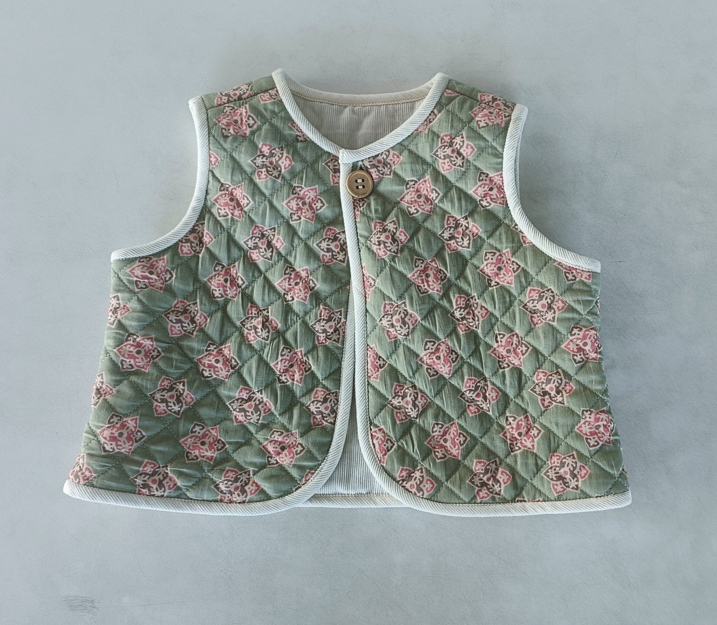 Reversible Off-White Corduroy & Sage-Green Floral Print Quilted Sleeveless Jacket Jacket Yo Baby Online